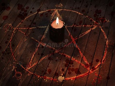Scary Black Candle In Pentagram Circle With Bloody Drops Stock Image
