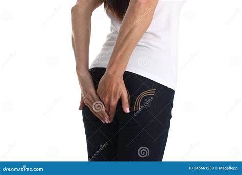 Woman Holds Hands On Anus With Stomach Problems Stock Photo Image Of