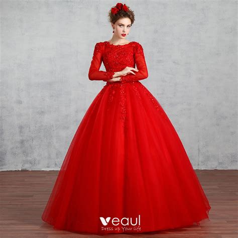 Chic Beautiful Muslim Red Wedding Dresses 2019 Ball Gown Scoop Neck Lace Flower Rhinestone