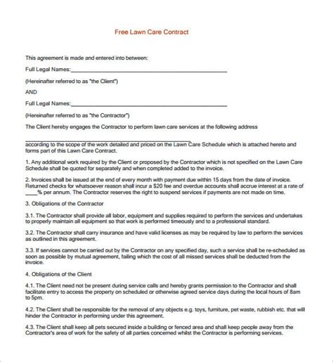 Free Printable Lawn Care Contracts Templates Printable