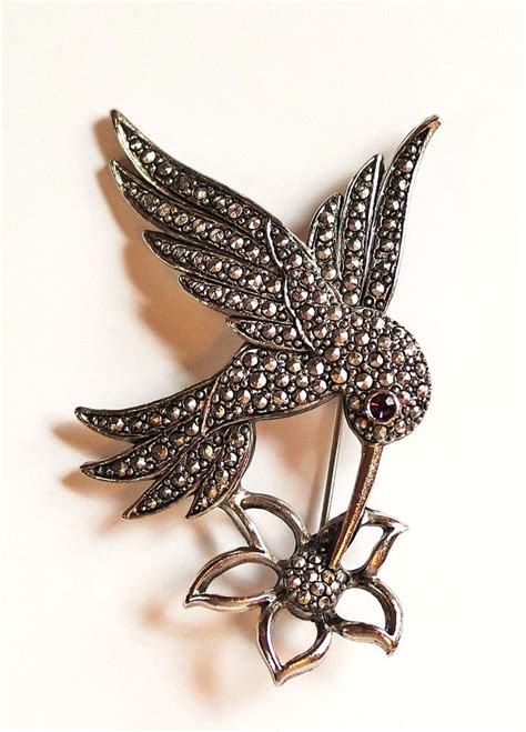 Vintage Avon Marcasite Hovering Hummingbird At Flower Brooch Pin Silver