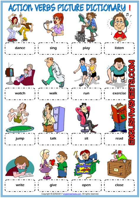 Action Verbs Picture Dictionary ESL Worksheets For Kids | Action verbs, Verbs for kids, Action ...