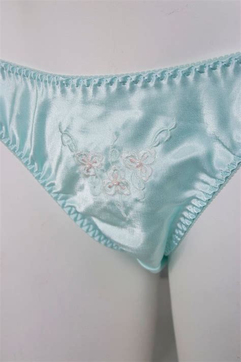 Vtg Aqua Wet Look Satin Floral Embroidered Lace String Bikini Panties