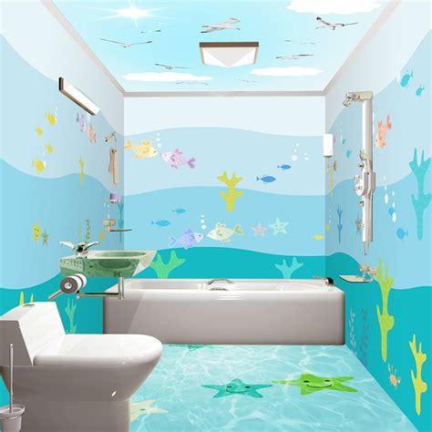 3d Cartoon Sea View Fish Mural Wallpaper Bathroom Pvc Self