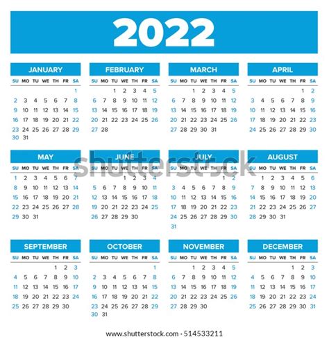 Simple 2022 Year Calendar Week Starts Stock Vector Royalty Free 514533211