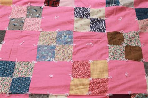 Vintage Tied Quilt Patchwork Bedspread Candy Pink Cotton W Print Fabrics