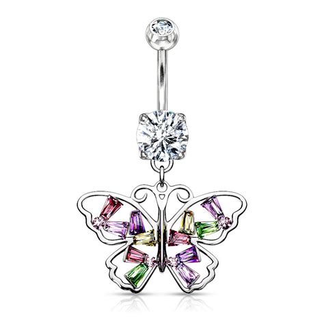 Butterfly Belly Ring Cz Butterfly Belly Button Ring Dangly Etsy