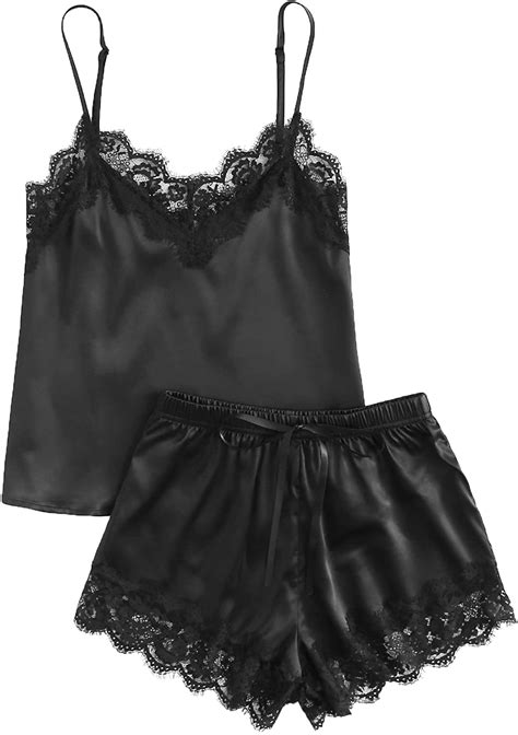 Makemechic Womens Lace Satin Sleepwear Cami Top And Shorts Pajama Set Satin Sleepwear Short