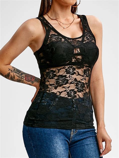 29 Off 2021 Flower Lace See Through Racerback Tank Top In Black Dresslily