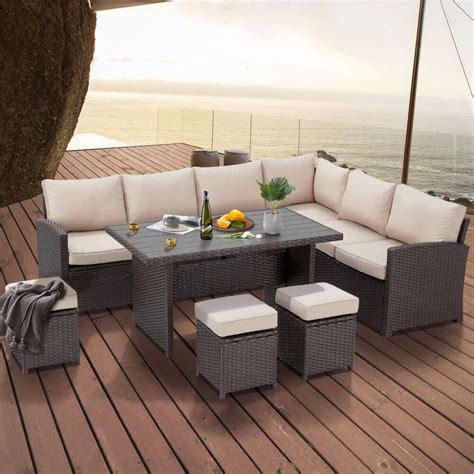 7 Pcs Patio Sectional Dining Set All Weather Outdoor Rattan Furniture