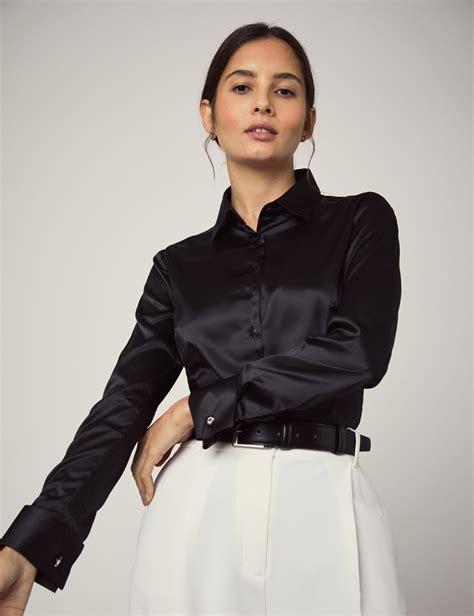 Womens Black Fitted Satin Shirt Double Cuff Hawes And Curtis