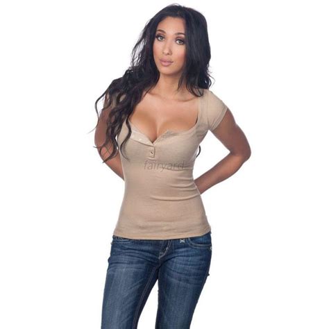 Sexy Women Deep V Neck T Shirt Casual Plunge Cleavage Button Slim Tops T Shirt Ebay