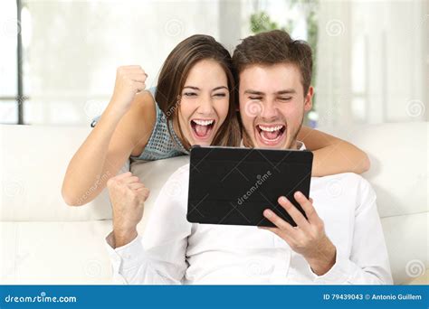 Excited Couple Winning Online With Tablet Stock Image Image Of