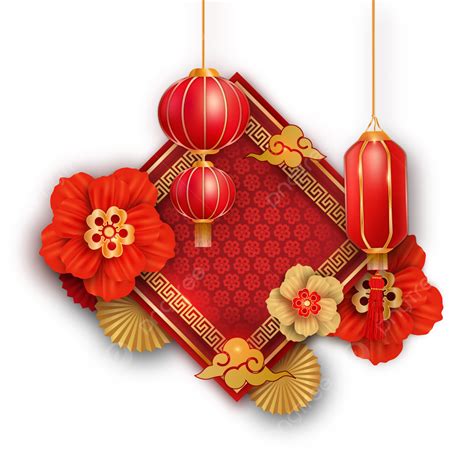Gambar Dekorasi Tahun Baru Cina Dengan Lentera Merah Dan Bunga Emas
