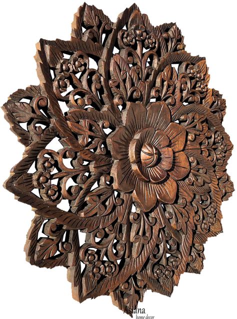 Oriental Round Carved Wood Water Lilly Wall Decor Dark Brown 24 Extr