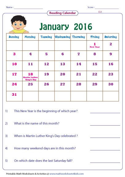 Calendar Math Grade 1
