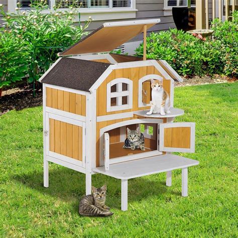 2 Story Wooden Raised Elevated Cat Cottage Pet House Indoor Outdoor