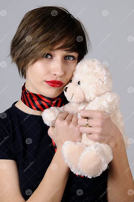 White Girl Posing With Teddy Bear Stock Photo Image Of Joyful Model