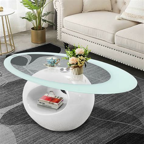 Cosvalve Oval Glass Coffee Table W High Gloss White Hollow Base