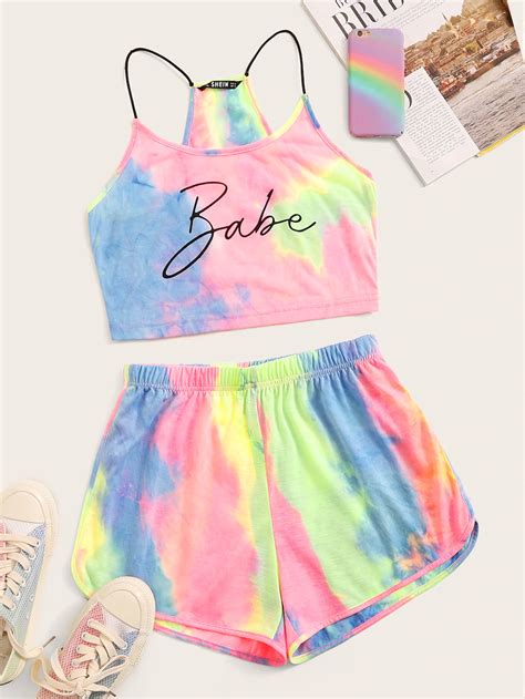 Tie Dye Letter Cami Top And Track Shorts Set Shein Cute Outfits For