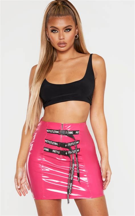 plt hot pink belt detail vinyl mini skirt prettylittlething ksa