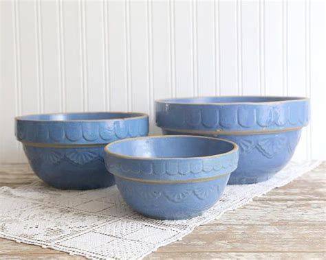Vintage Blue Stoneware Mixing Bowls Set Of 3 Blue Mixing Vintage Plates