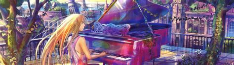 Female Anime Character With Blonde Hair Playing The Grand Piano