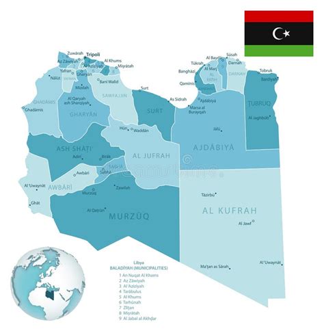 Libya Administrative Blue Green Map With Country Flag And Location On A