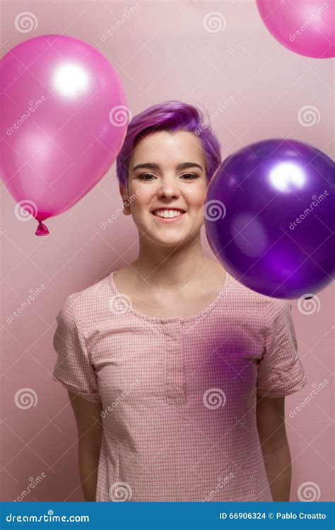 Violet Short Haired Woman In Pink Pastel With Falling Balloons Stock