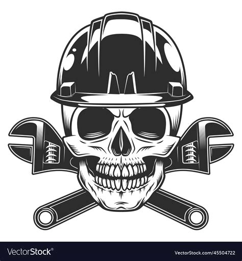 Builder Skull In Hard Hat With Plumbing Wrench Vector Image