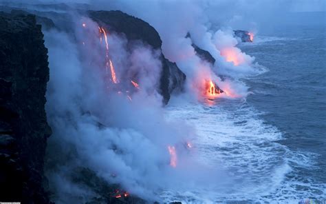 Landscapes Volcano Lava Ocean Steam Smoke Wallpaper 1920x1200 28981
