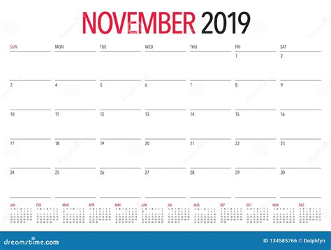 En Noviembre De 2019 Ejemplo Del Vector Del Calendario De Escritorio