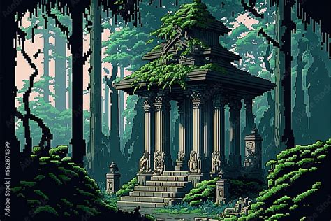 Pixel Art Ancient Temple In The Forest Temple Ruins Background In