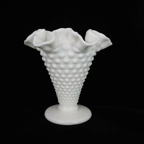 Fenton Vintage White Milk Glass Footed Vase Hobnail Ruffle 5 5 Tall 5 25 Wide Fenton