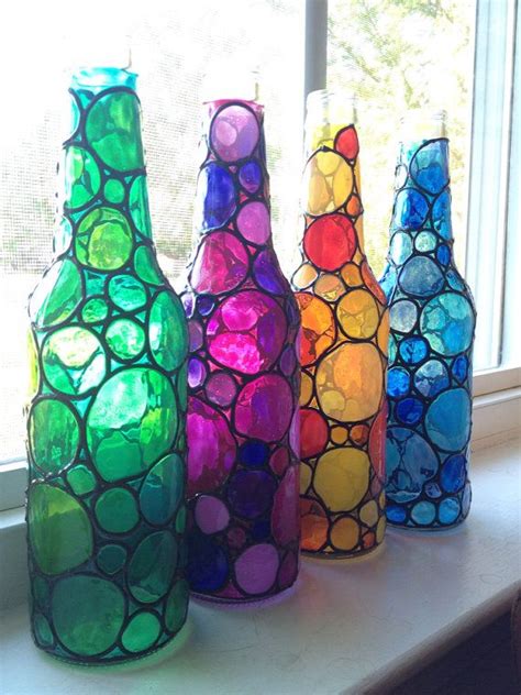 Four Stained Bubbly Glass Bottles Painted Etsy Decorar Botellas De Cristal Botellas De