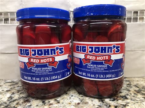 2 Jars Big Johns Pickled Pork Sausage 16 Oz Jar Red Hots Meat Wieners