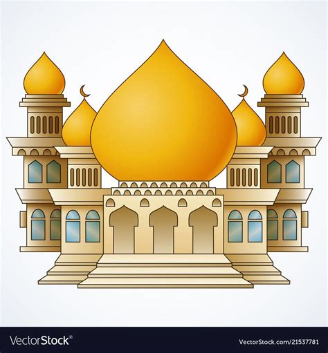 Illustration Of Islamic Mosque Building With Yellow Dome And Four Tower