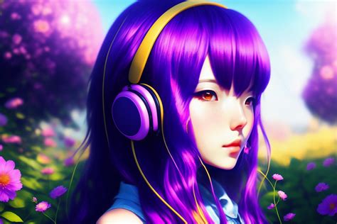 Lexica Anime Girl Purple Hair Listen Music In A Garden Lofi Music