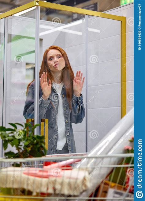 Funny Redhead Woman Leaned On Showcase In Shop Stock Image Image Of