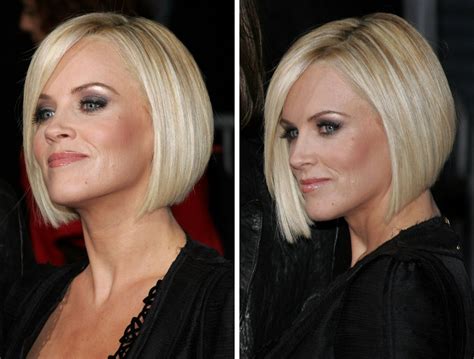 Before showing off her flirty, voluminous new bob on. Hair cut in a Jenny McCarthy bob to soften a strong jaw line