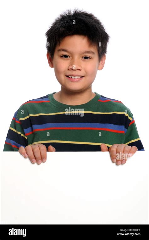 Boy Holding Blank Sign Isolated Over White Background Stock Photo Alamy