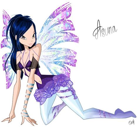 A Fairy With Blue Hair And Purple Wings Sitting On The Ground Next To A
