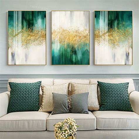 Set Of 3 Wall Art Gold Gilitters Emerald Green Living Room Decor Framed