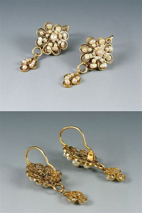 18th C Italian Gold Filigree Seed Pearl Earrings C1780 Pricing