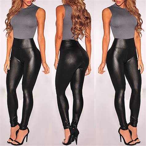 Women Sexy Pu Leather Skinny Stretch High Waist Trouser New Lady