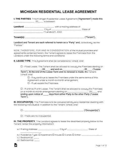 Free Michigan Lease Agreement Templates Pdf Word Eforms