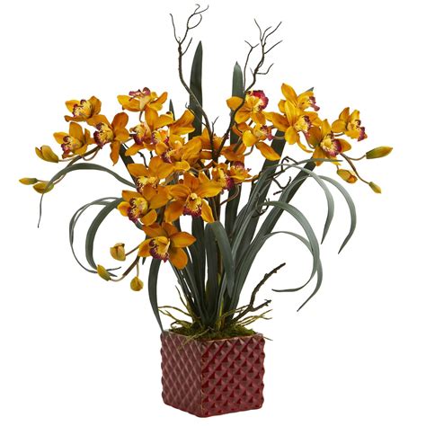 29” Cymbidium Orchid Artificial Arrangement In Red Vase 1559 Nearly Natural
