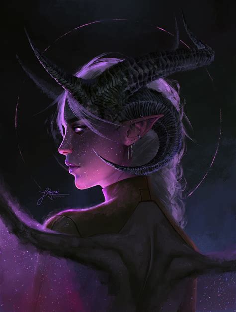 A Woman With Horns On Her Head Is Staring At The Stars In The Night Sky