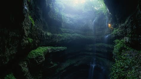 Cave Hole Canyon Descend Climber Climb Repel Hd Wallpaper Nature And