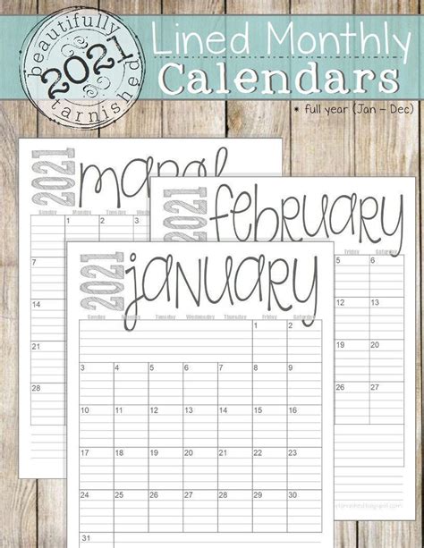 2021 Lined Monthly Calendars Portrait 85x11 Jan Dec Etsy